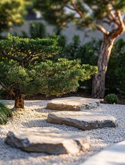 Poster - Stunning bon tree surrounded by unique rocks in a serene rock garden landscape with greenery