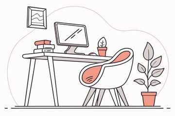 Poster - Cozy workspace featuring a desk, computer, chair, clock, and plant in a minimalistic design, providing an inspiring environment for productivity and creativity