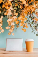Aufkleber - Autumn Productivity Aesthetic Minimalist Workspace with Golden Foliage - Serene Digital Nomad Composition for Creative Professionals and Remote Work Inspiration