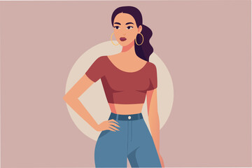 Poster - Stylish woman in casual outfit with hoop earrings and long hair stands confidently against a simple background