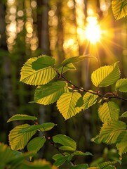 Wall Mural - sunlit foliage, fresh green leaves shimmering in the golden forest light