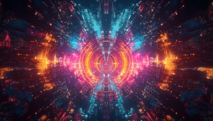 Wall Mural - Abstract, colorful light-speed tunnel background with neon lights and a glow effect for digital wallpaper design, a futuristic technology concept.