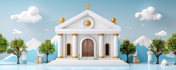 Poster - serene 3D render of ancient architectural building with cross, surrounded by trees and mountains under blue sky with clouds and birds