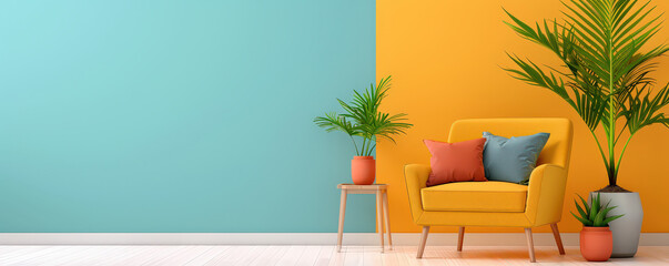 Poster - vibrant living room features yellow armchair with colorful cushions, wooden side table, and potted plants against two tone wall