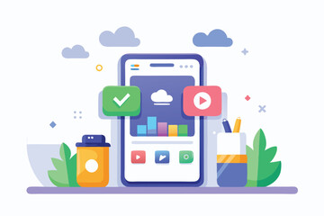 Aufkleber - Colorful vector illustration of a smartphone displaying an app interface with decorative plants and gift boxes around