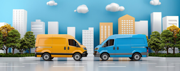 Poster - Two colorful vans, one yellow and one blue, face each other on city street with modern buildings and trees in background, under clear sky with fluffy clouds