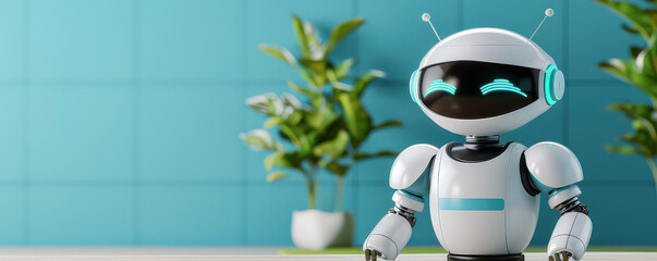 Aufkleber - friendly robot with sleek design stands in modern room with plants, showcasing advanced technology and minimalistic aesthetics
