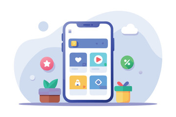 Aufkleber - Colorful vector illustration of a smartphone displaying an app interface with decorative plants and gift boxes around