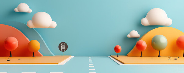 Poster - minimal 3D render of colorful landscape with trees and clouds, featuring road and hills. design is flat and abstract, with vibrant colors and playful aesthetic