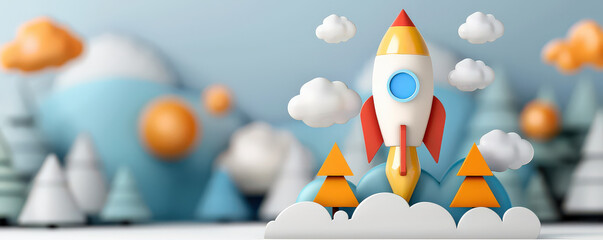 Aufkleber - colorful 3D render of rocket launching amidst clouds and abstract trees, set against whimsical landscape. scene conveys sense of adventure and creativity