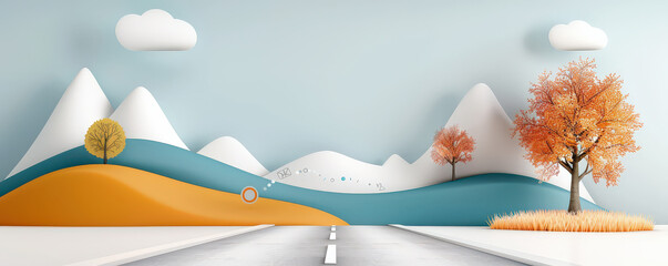 Aufkleber - minimal 3D render of scenic landscape features road leading towards stylized mountains, with colorful trees and clouds against soft blue sky