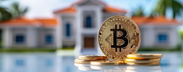 Fototapete - stack of Bitcoin coins in front of blurred house background, symbolizing cryptocurrency investment in real estate