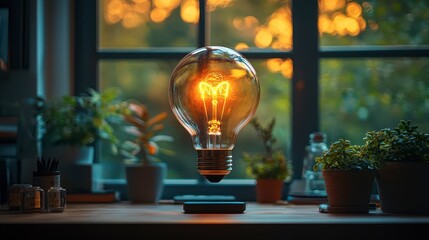 Poster - light bulb on office desk standing near window frame relative conceptual Idea concept business solutions brainstorming