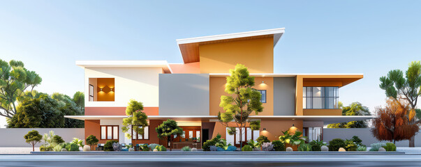 Aufkleber - Modern eco friendly boutique hotel with minimalistic design and lush greenery, showcasing flat roof and vibrant colors. architecture blends seamlessly with surrounding landscape, creating serene