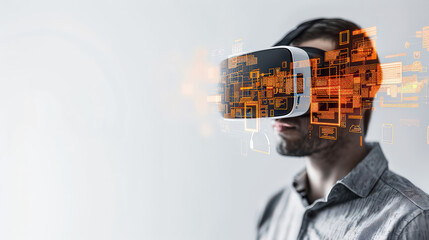 Poster - man wearing augmented reality headset interacts with digital interfaces, showcasing futuristic technology in modern setting