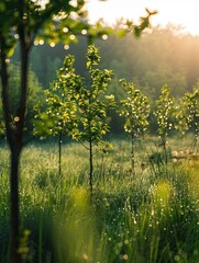 Wall Mural - early morning dew drops glistening in a lush green field landscape