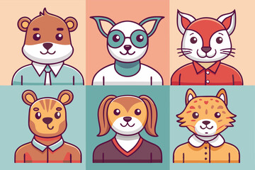 Poster - Vector illustration of a group of friendly cartoon animals standing together in a light green background, showcasing their unique features and colors