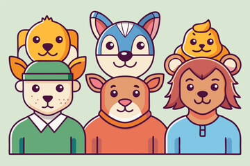 Poster - Vector illustration of a group of friendly cartoon animals standing together in a light green background, showcasing their unique features and colors