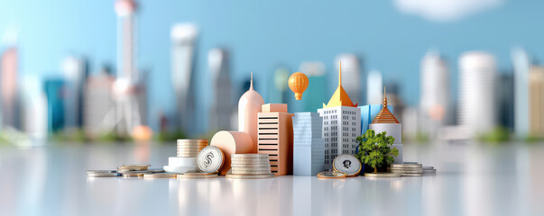 Poster - minimal 3D render of financial district skyline features various stylized buildings and currency symbols, set against blurred cityscape background