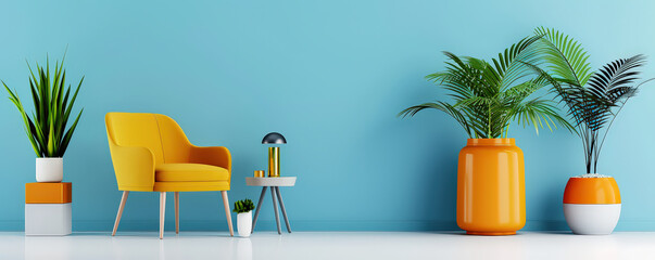 Poster - vibrant interior design featuring yellow armchair, modern table, and large potted plants against blue wall. minimalist style and bright colors create lively atmosphere