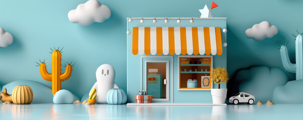 Aufkleber - whimsical 3D rendered storefront with striped awning, surrounded by playful elements like ghost figure, cacti, and toy car, set against pastel blue background