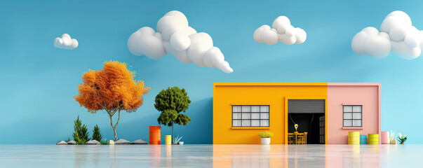Fototapete - vibrant 3D render of minimalistic industrial building with colorful walls, surrounded by stylized trees and clouds, creating playful and modern atmosphere