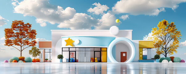 Aufkleber - modern factory with minimal 3D render design features flat front view, vibrant colors, and geometric shapes under blue sky with clouds