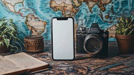 Poster - Smartphone with white screen and Premium Quality Visual of Old Camera