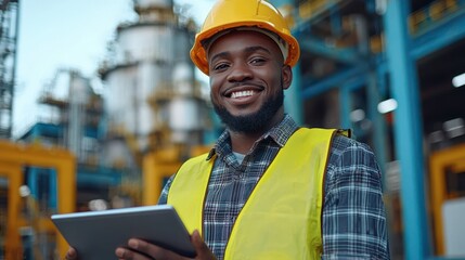 Poster - Smiling Portrait of a Handsome African American Black Industrial Engineer Safety Vest Working in Container Terminal