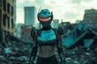 © Shahazadi - Futuristic female cyborg posing in a post apocalyptic city ruin setting art grey dark robot armor