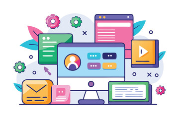 Poster - Colorful vector illustration depicting digital communication tools and technology elements in a workspace environment