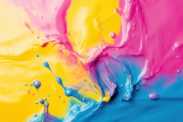 Aufkleber - Creative splashes of vibrant yellow, pink, and blue paint against a smooth backdrop