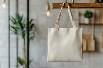 Poster - A blank canvas tote bag is displayed on a wooden hook in a softly blurred retail boutique. The modern design highlights natural textiles in a serene shopping environment