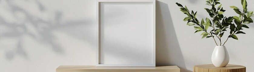 Poster - A serene Scandinavian-style living room features a blank vertical poster frame on a textured concrete wall. Soft natural lighting enhances the warm ambiance alongside a wooden side table and a plant
