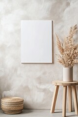 Poster - In a minimalist Scandinavian living room, a blank white vertical poster frame hangs against a textured concrete wall