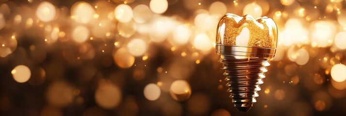 Poster - Luxurious golden dental implant with soft bokeh lighting and elegant black-and-gold aesthetic in a lavish setting