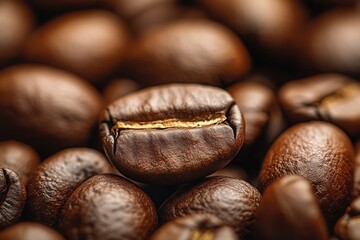 Fototapete - Rich texture of roasted coffee beans highlighting a standout bean on a cozy brown background