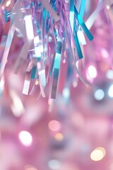 Poster - Holographic birthday streamers shimmer in shades of blue, purple, and pink, reflecting light to enhance a vibrant celebration. The soft-focus background adds to the energetic mood