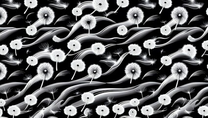 Wall Mural - abstract dandelion seeds in the wind: black and white floral pattern