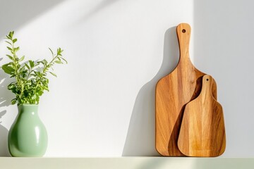 Poster - Scandinavian Minimalist Kitchen Styling Warm Wood Cutting Boards and Ceramic Vase - Contemporary Home Decor Essentials for Mindful Living Spaces