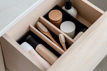 Poster - Minimalist Nordic Bathroom Storage Elegant Wooden Drawer Organization with Sustainable Design for Modern Home Wellness Spaces - Functional Decluttering Solution