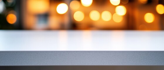 Poster - Minimalist Corporate Innovation Sleek White Laminate Surface with Warm Bokeh Lighting - Professional Workspace Design for Modern Collaborative Environments