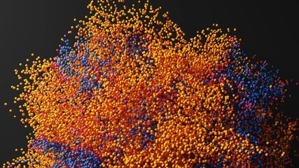 Poster - 3d render of abstract loop art video animation with 3d small particles in orange, red, purple, and blue color