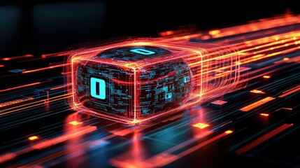 Fototapete - Data Cube with Flowing Light Streaks, Abstract Technology Concept