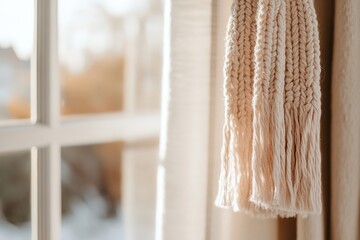 Poster - A bohemian-style macram curtain with soft, woven threads hangs elegantly in front of a sunlit window, casting warm golden light and creating a cozy atmosphere perfect for relaxation