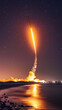 © LUKIN IGOR  - Fiery streak of light resembling a rocket arcing upwards in the night sky over the ocean, dramatic and cinematic, 1990s news style, high detail. Illustration of military missiles.