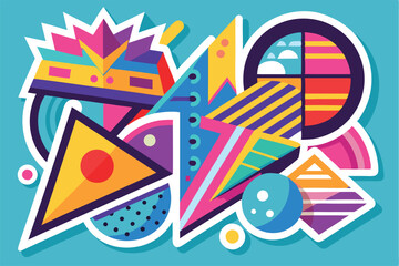 Poster - Colorful vector illustration of various geometric shapes and playful elements arranged against a vibrant purple background