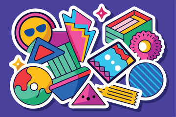 Poster - Colorful vector illustration of various geometric shapes and playful elements arranged against a vibrant purple background