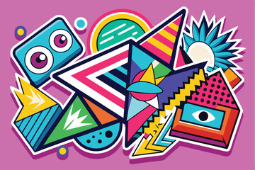Leinwandbilder - Colorful vector illustration of various geometric shapes and playful elements arranged against a vibrant purple background