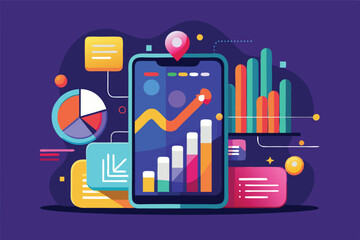 Fototapete - Vector illustration showcasing a digital dashboard with colorful charts and graphs representing data analytics in a modern workspace environment